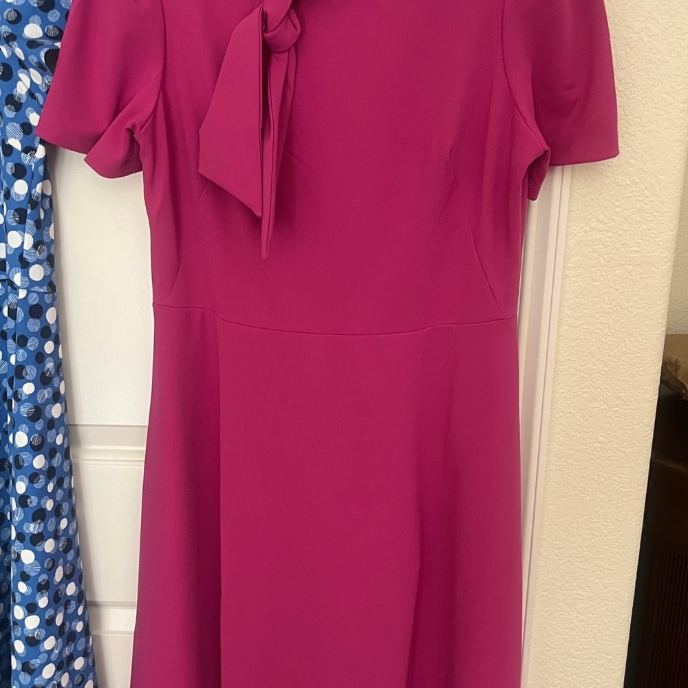 Pink A-line Midi Dress with Puff Sleeves and Collar